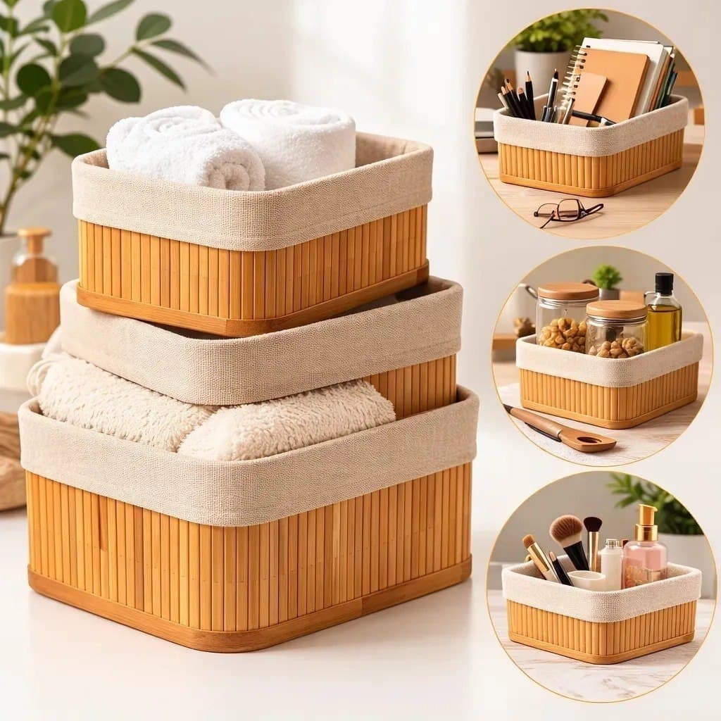Kit 3 Cestos Organizador De Bambu Com Forro